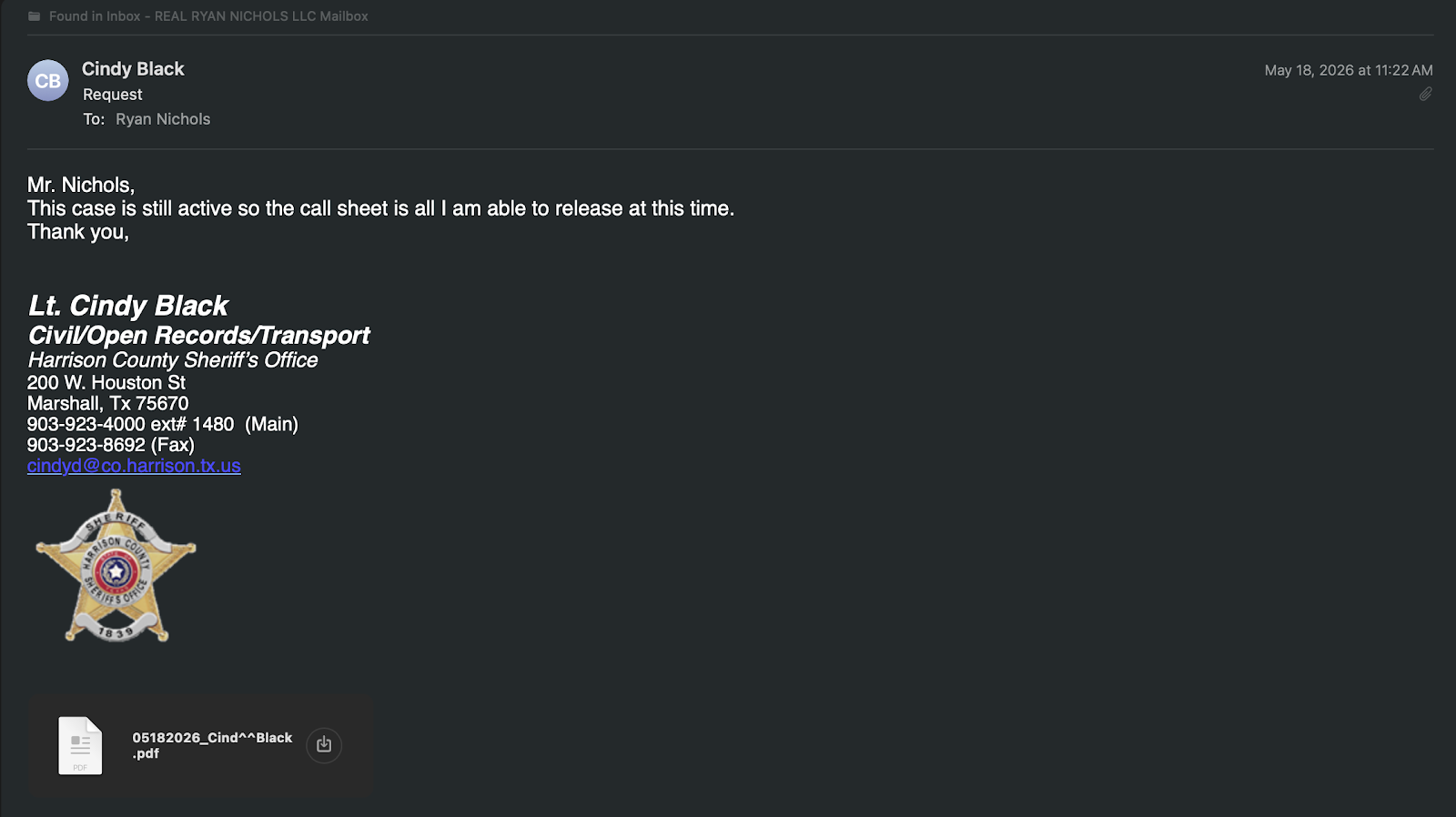 Harrison County's emailed response declining to release the body cam, citing an active case.